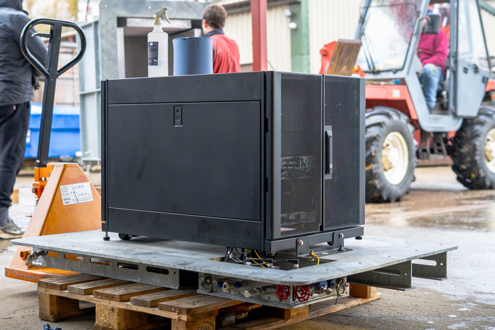 Server rack mounted on pod base plate